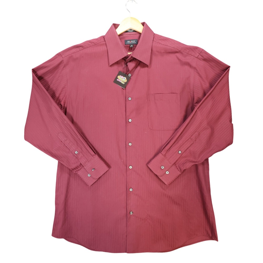 Axcess Button Up Shirt Mens 17 34-35 Burgundy Excellent No Iron Cotton Striped